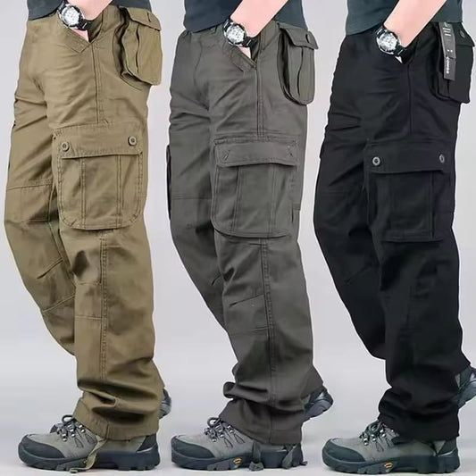 Men's Casual Cotton Cargo Pants Elastic Waist Plus Size Loose Fit Multi-Pocket Construction Work Pants